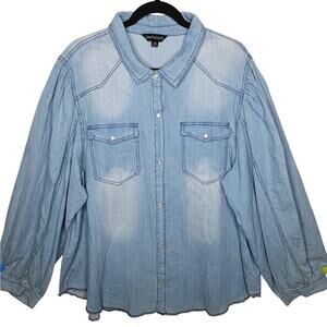 Davi & Dani Denim Chambray Puff Sleeve Top Pearl Snap Women 2XL Western Cottage